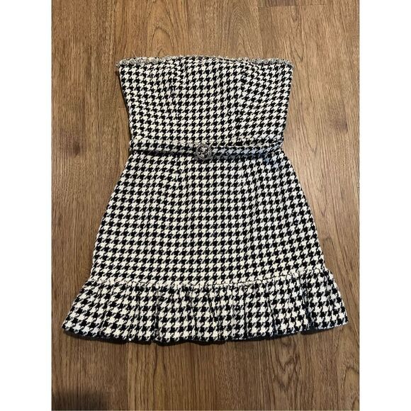 LDT RILEY STRAPLESS FLOUNCE TWEED MINI DRESS Black and White Houndstooth size 4 - Picture 2 of 10